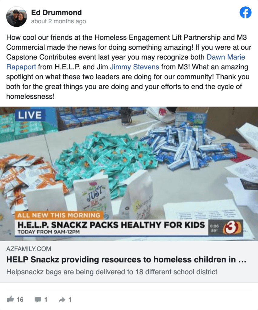 FB post about H.E.L.P. Snackz Drive 