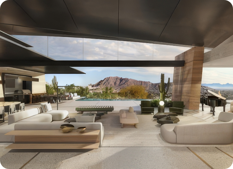 Luxury open-concept living space with mountain views and infinity pool – Capstone Realty Arizona home